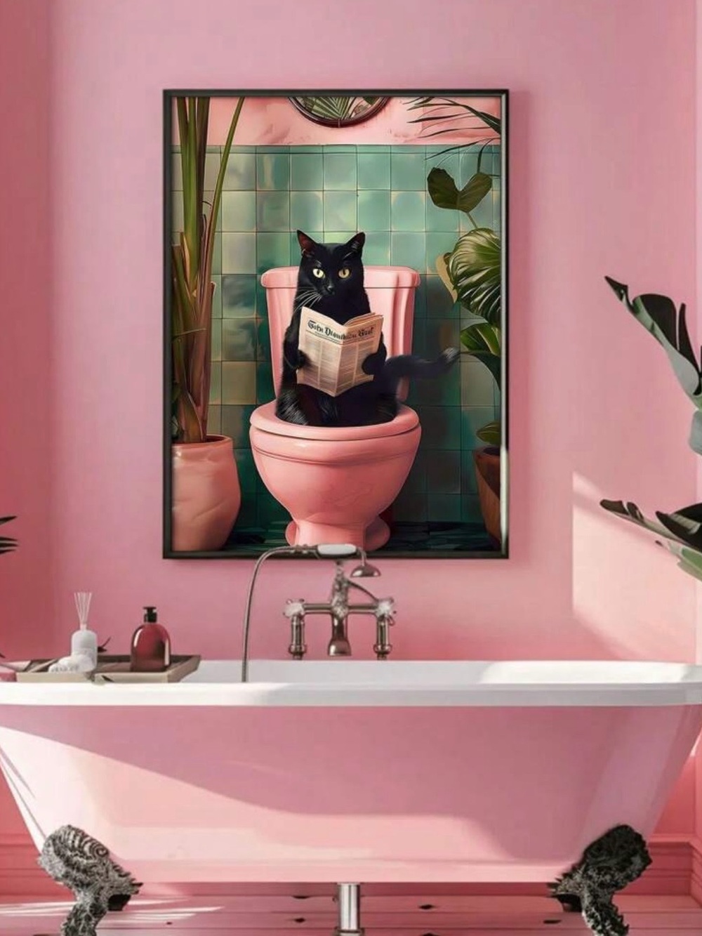 Black Cat on Toilet Wall Art Canvas Print | 40x60cm | No Frame Included